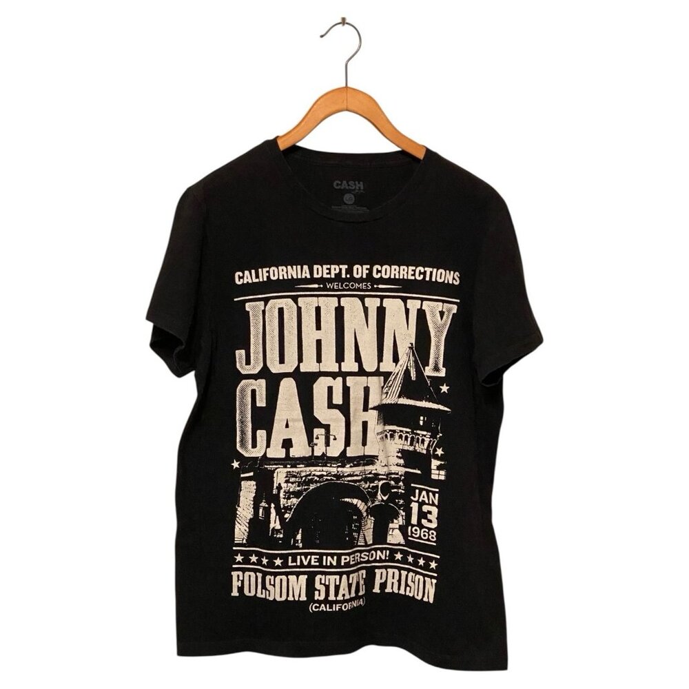 Johnny Cash Black T-Shirt Men's L Folsom State Prison Jan 13 1968 Music Band